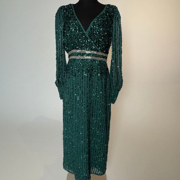 Mac Duggal Dresses & Skirts - MAC DUGGAL Sequin V-Neck Long Bishop Sleeve Midi Dress